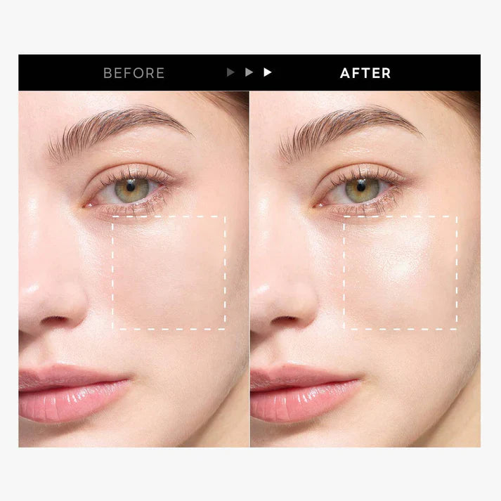 Before and after of a woman's face after achieving glowing, plump and glass skin