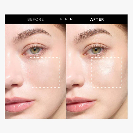 Before and after of a woman's face after achieving glowing, plump and glass skin