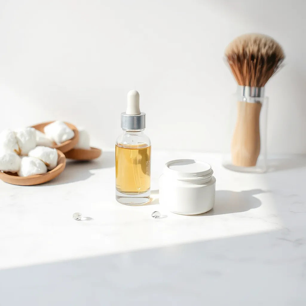 Serum bottle and jar on white marble with soft light and glossy skincare droplets