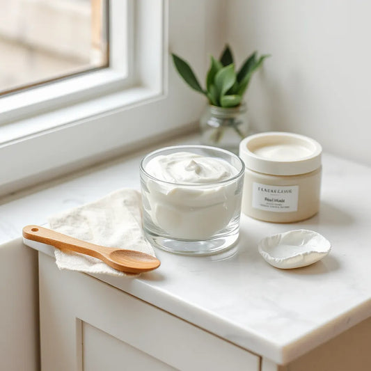 Creamy hydrating facial mask in a glass bowl with a wooden spatula on a minimal vanity