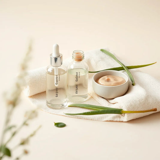 Minimal skincare flat-lay with cream, dropper bottle, and fresh green botanicals on a light background