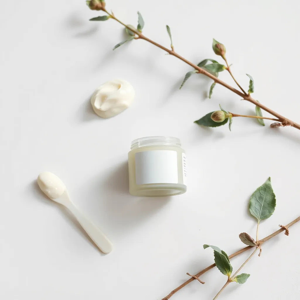 Relief cream jar with a small dollop of soothing cream and a spatula on a clean white background