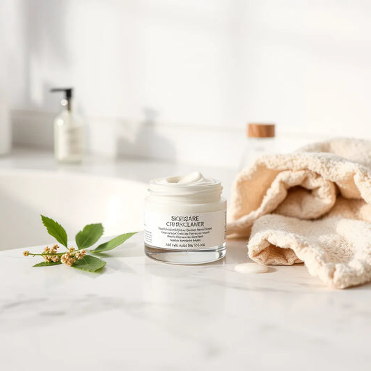 A gentle moisturizer jar with a soft cream swatch on a clean vanity for sensitive skin care