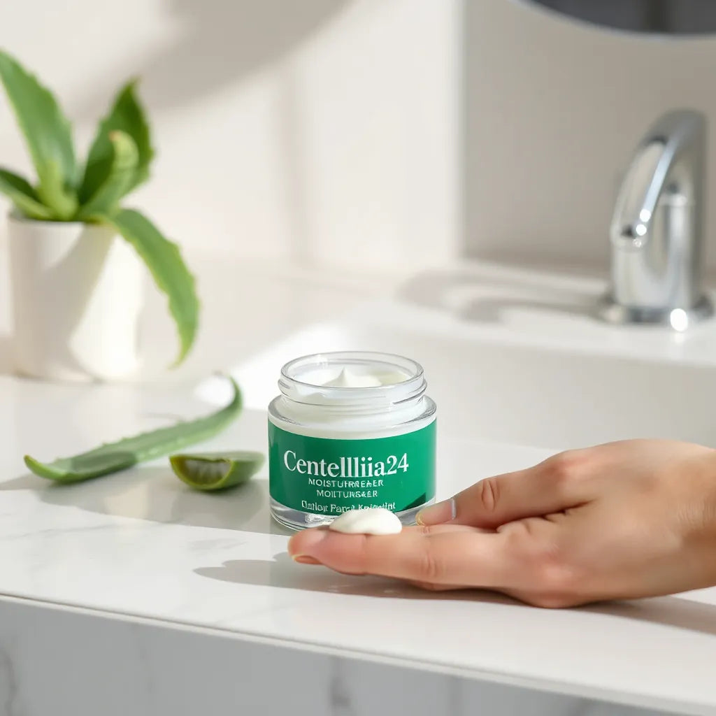 A moisturiser jar with a fingertip swatch and subtle green plant elements on a clean vanity surface
