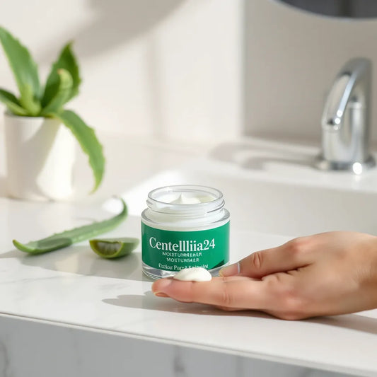 A moisturiser jar with a fingertip swatch and subtle green plant elements on a clean vanity surface