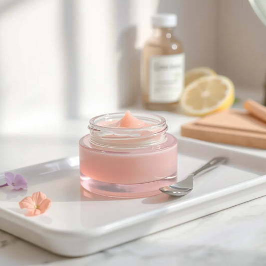 Pink collagen gel mask jar with a spatula on a clean white vanity tray