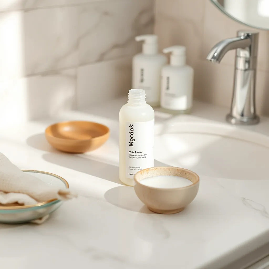 Minimalist skincare scene with a milk-toner bottle and creamy liquid on a clean vanity