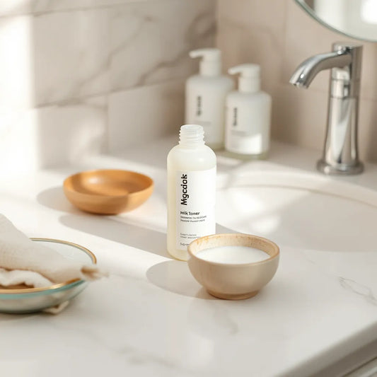 Minimalist skincare scene with a milk-toner bottle and creamy liquid on a clean vanity