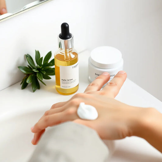 Serum and moisturizer on a minimal vanity with smooth, healthy-looking skin on a hand