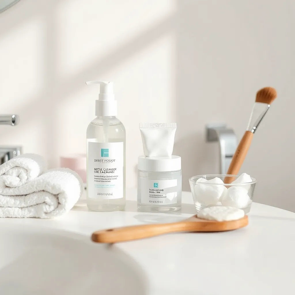 Skincare products arranged neatly on a bathroom vanity with moisturizer, cleanser, and sunscreen
