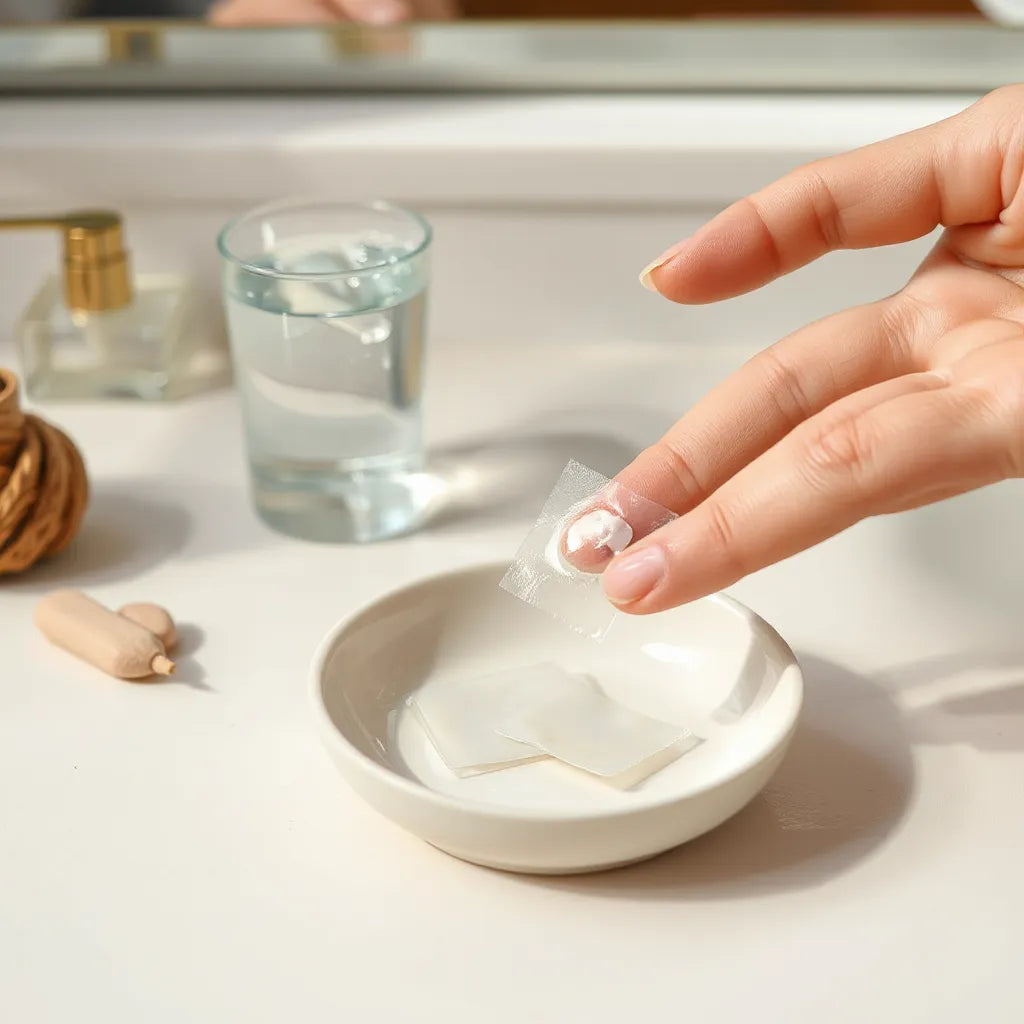 Transparent acne pimple patch applied to a small inflamed spot on the cheek with skincare items nearby