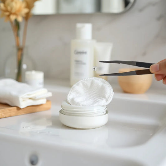 Skincare pad and container on a bright vanity with soft water droplets