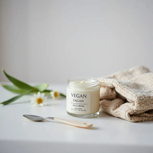 Vegan face cream jar with botanical leaves and soft natural light for a clean skincare header