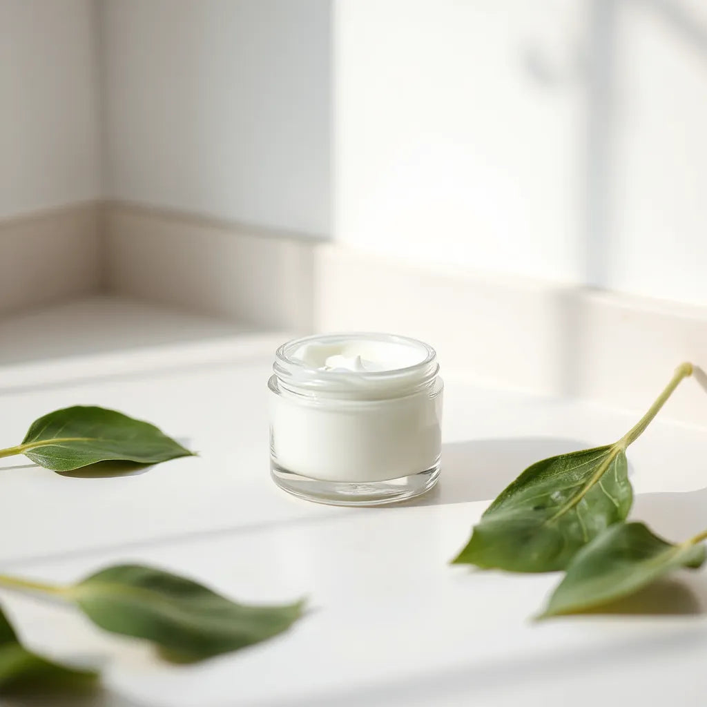 Minimal skincare setup with a cream jar and centella leaves on a bright, clean vanity