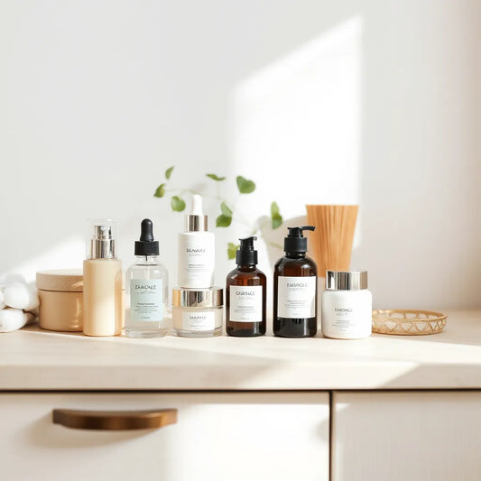 Minimal skincare products arranged on a light vanity with soft natural lighting