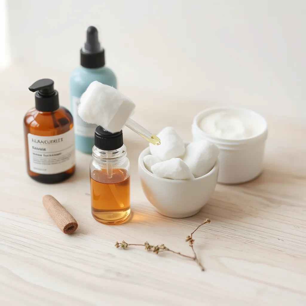 Skincare bottles and cotton pads arranged neatly on a light wood vanity under natural light