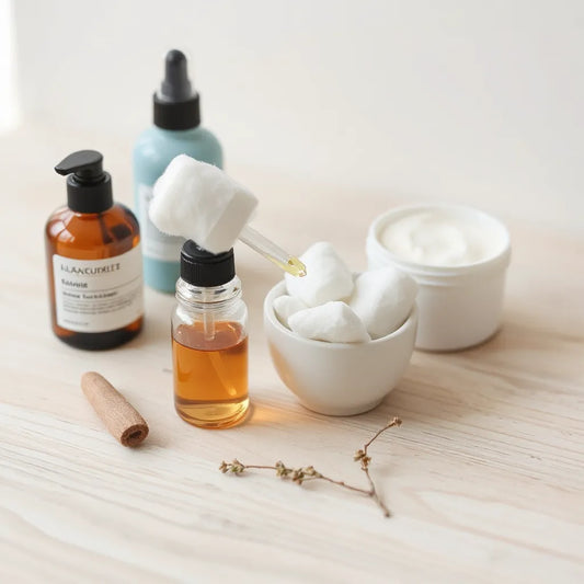 Skincare bottles and cotton pads arranged neatly on a light wood vanity under natural light