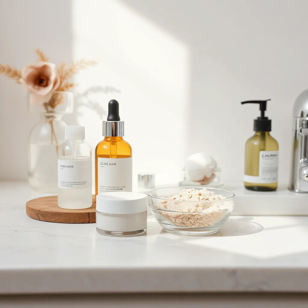 Minimal skincare setup with serum and cream products on a clean vanity next to gentle exfoliating ingredients