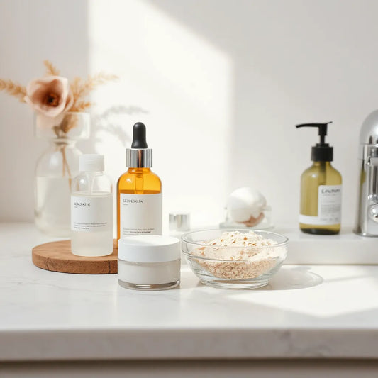 Minimal skincare setup with serum and cream products on a clean vanity next to gentle exfoliating ingredients