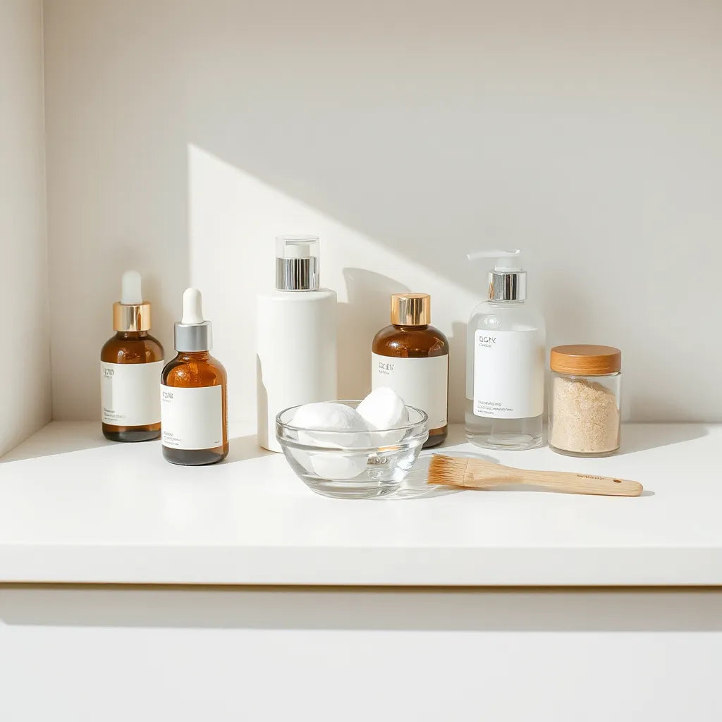 Minimal skincare setup with Korean-style bottles, cotton pads, and soft natural light
