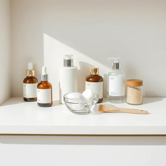 Minimal skincare setup with Korean-style bottles, cotton pads, and soft natural light
