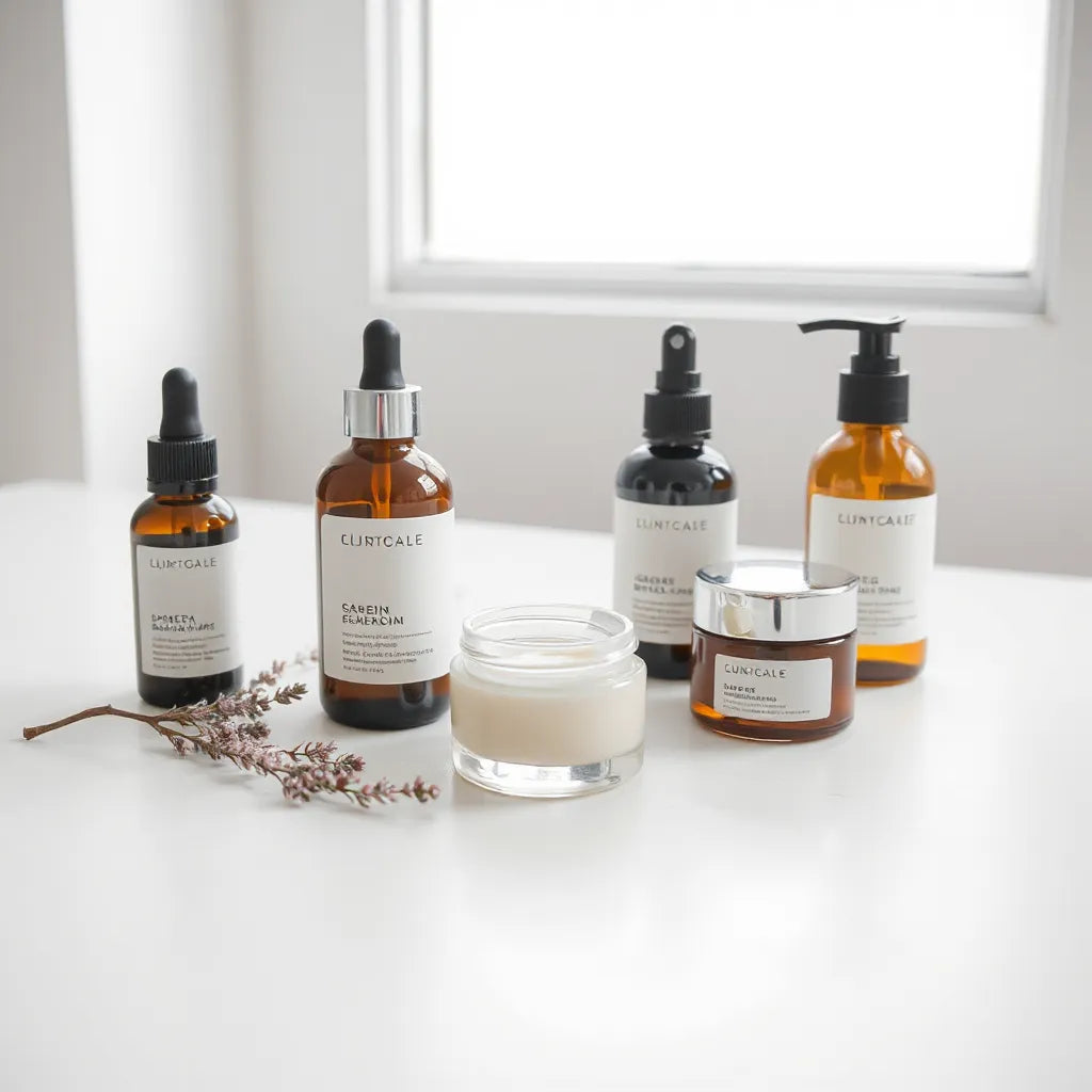 Serum and moisturizer bottles arranged neatly on a light background under soft natural light
