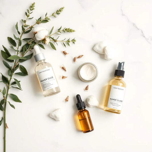 Assorted skincare bottles and moisturizer on white marble with soft natural greenery in daylight