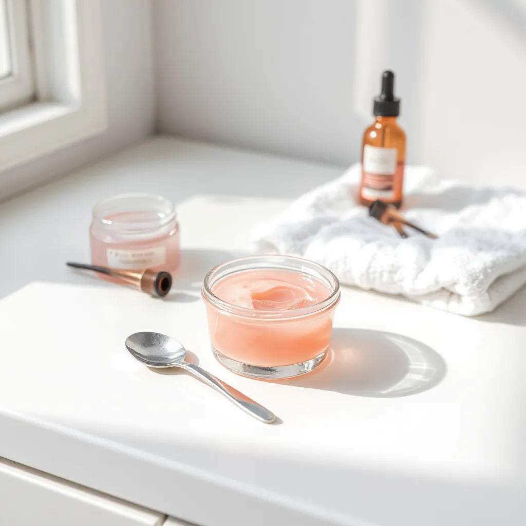 Pink translucent collagen gel mask in a glass bowl with a spatula on a clean white vanity
