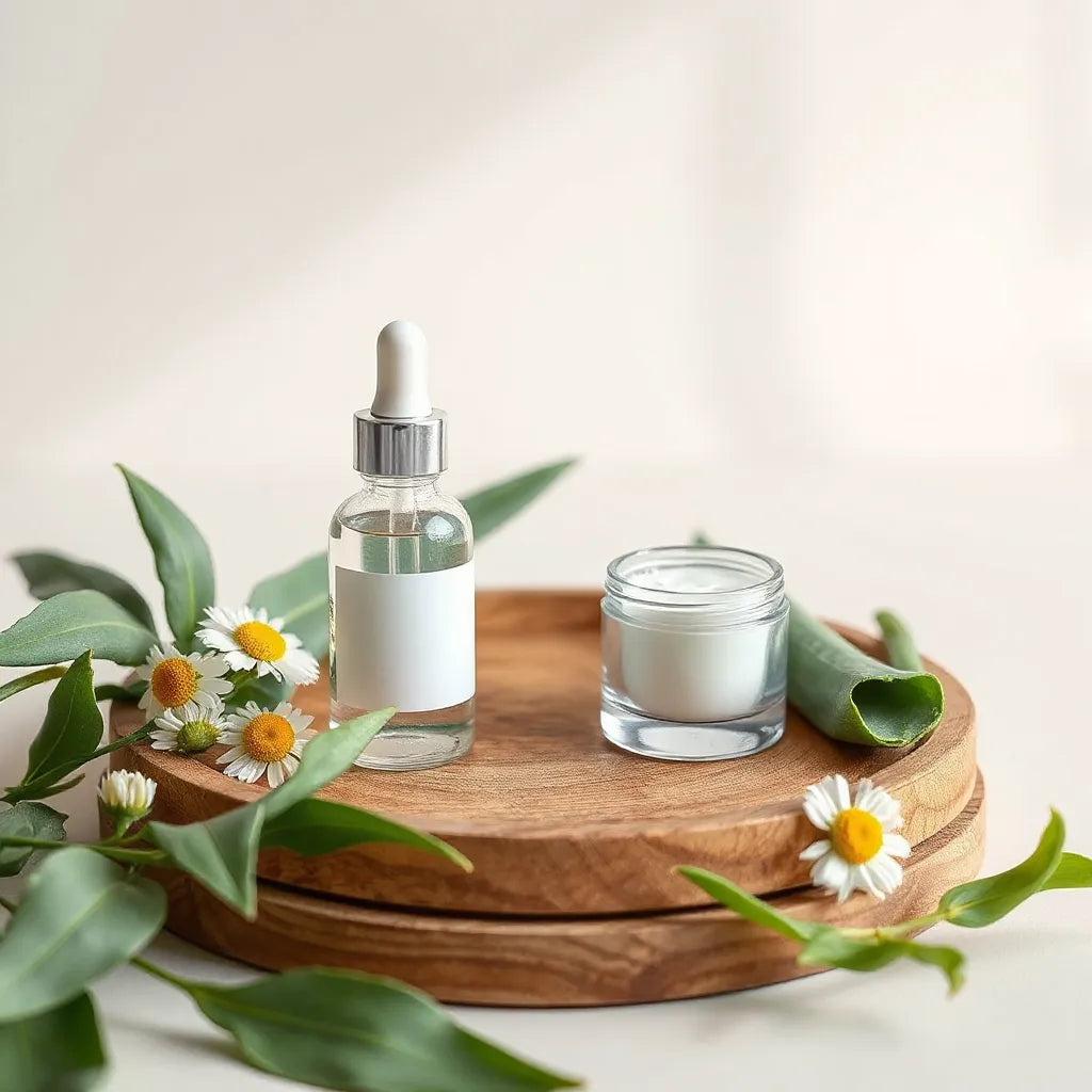 Glass skincare bottle with natural herbs and flowers on a minimalist tray