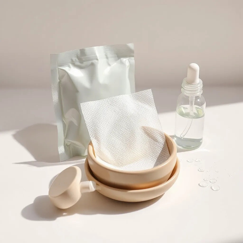 Skincare pad and serum dropper on a clean ceramic dish with soft, bright lighting