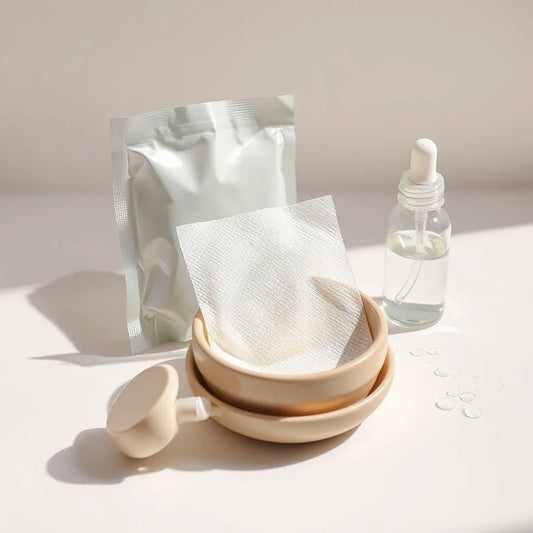 Skincare pad and serum dropper on a clean ceramic dish with soft, bright lighting