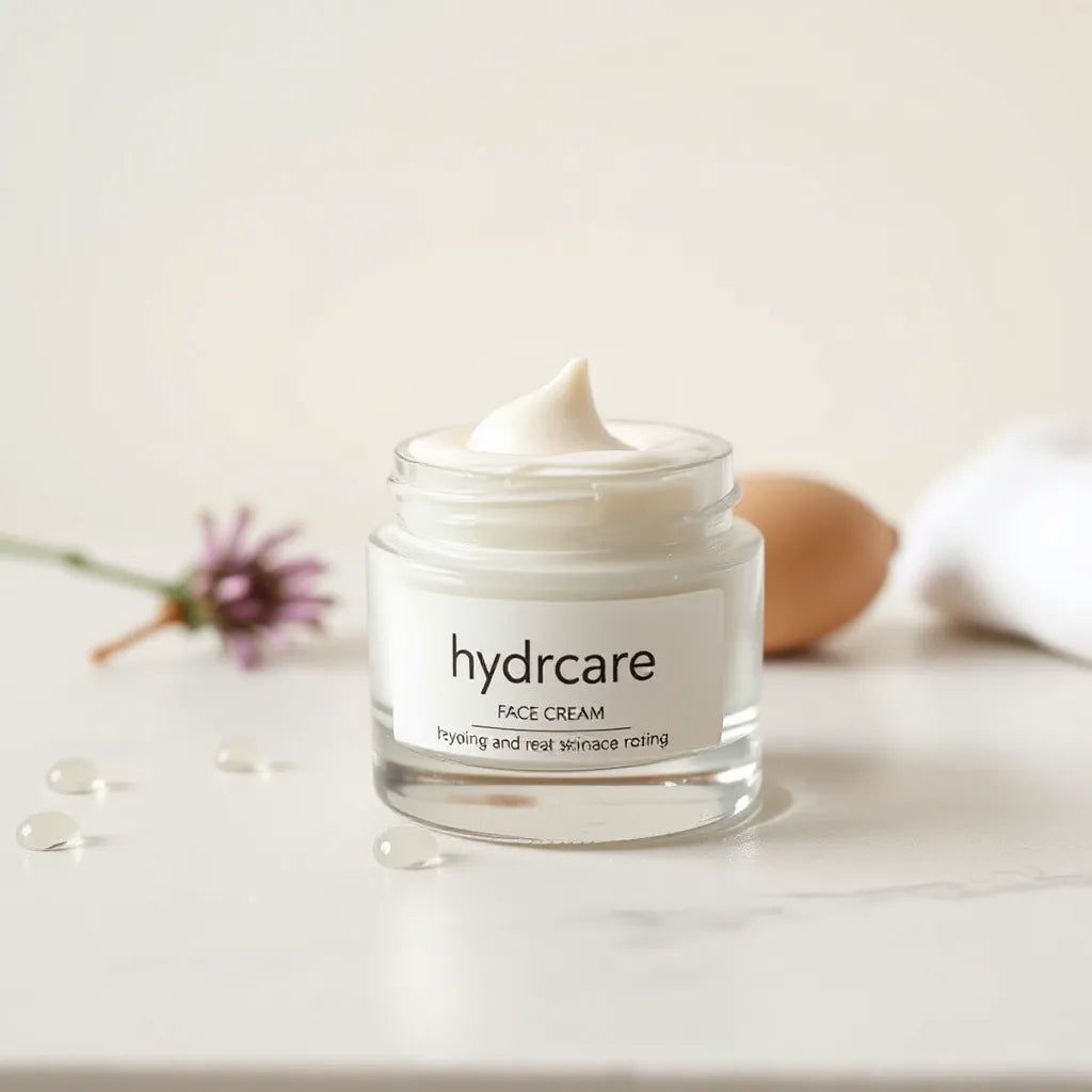 Hydrating face cream jar with a creamy swirl and soft dewy drops on a clean, light background