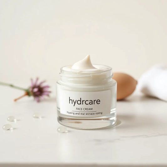 Hydrating face cream jar with a creamy swirl and soft dewy drops on a clean, light background