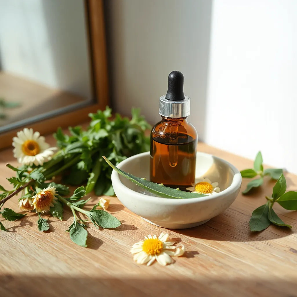 Botanical skincare ingredients with soothing herbs and a glass dropper on a wooden surface