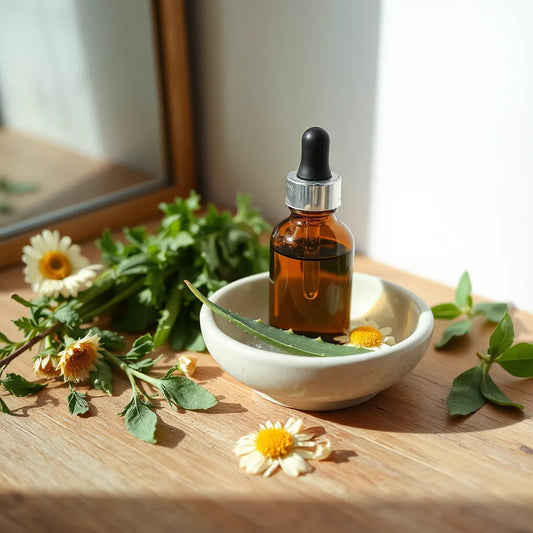 Botanical skincare ingredients with soothing herbs and a glass dropper on a wooden surface