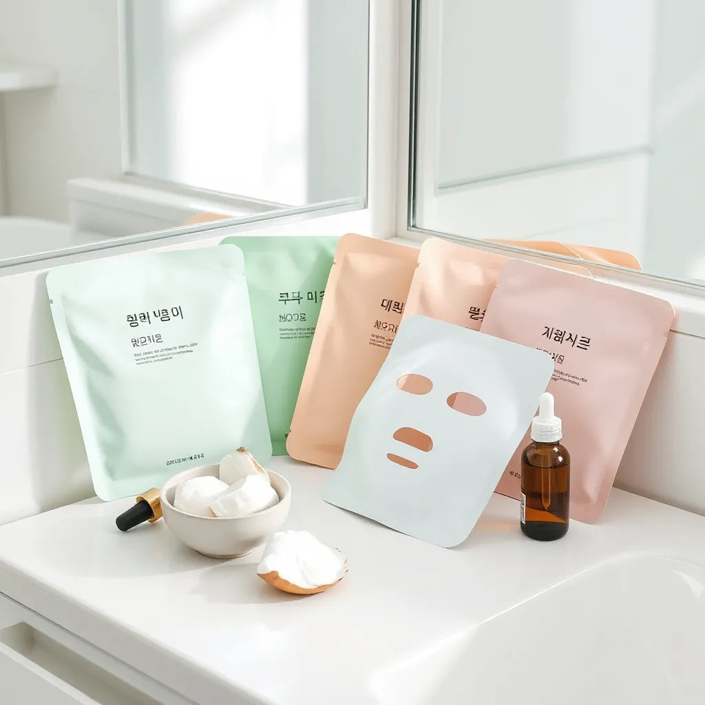 Assorted sheet masks and skincare tools on a clean vanity under soft natural light