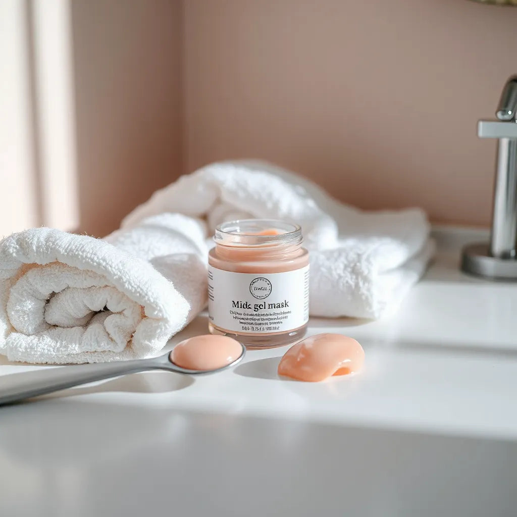 Pink collagen gel mask jar with a spatula and gel smear on a clean vanity