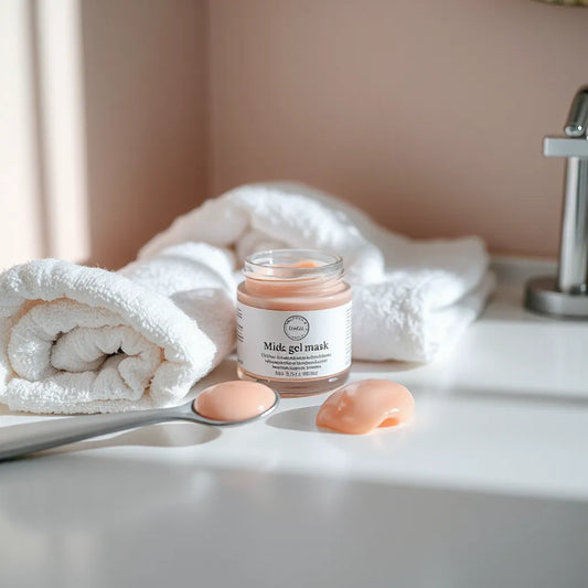Pink collagen gel mask jar with a spatula and gel smear on a clean vanity