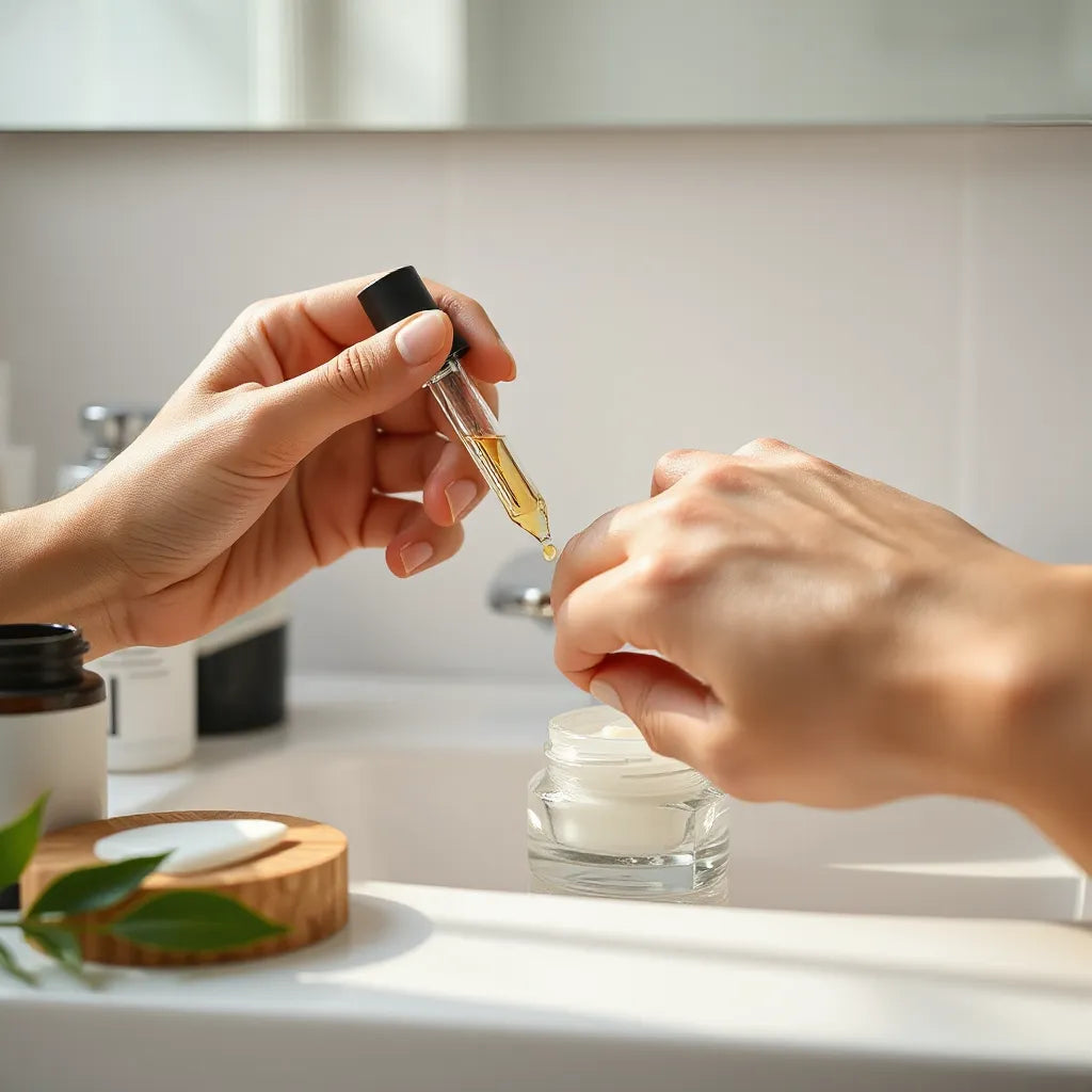 Hands applying a hydrating moisturizer to dry skin beside a serum dropper and cream jar
