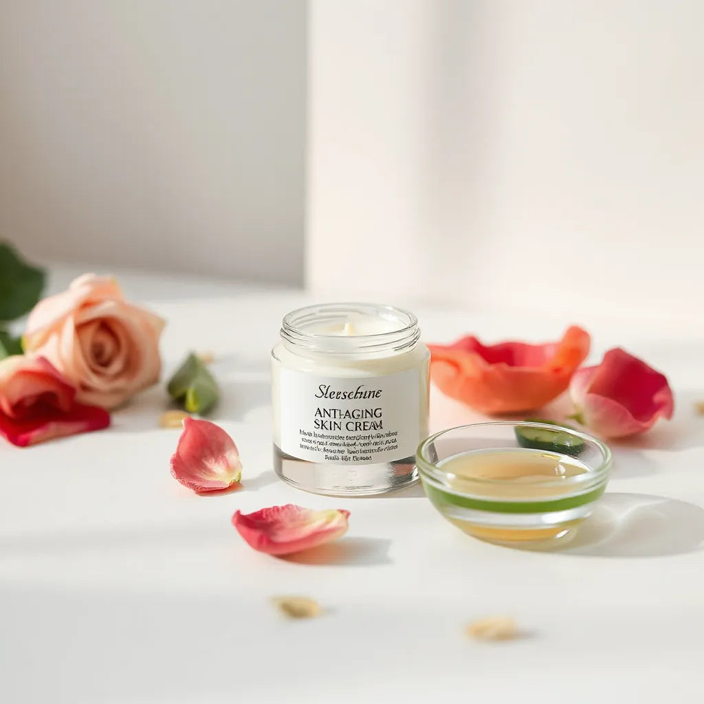 Anti-aging skin cream jar with creamy texture on a minimalist vanity with soft natural lighting