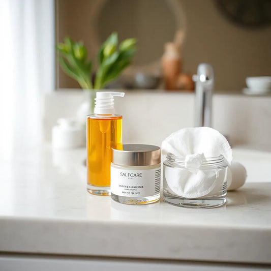 Serum dropper bottle and skincare essentials on a minimal vanity with soft natural light