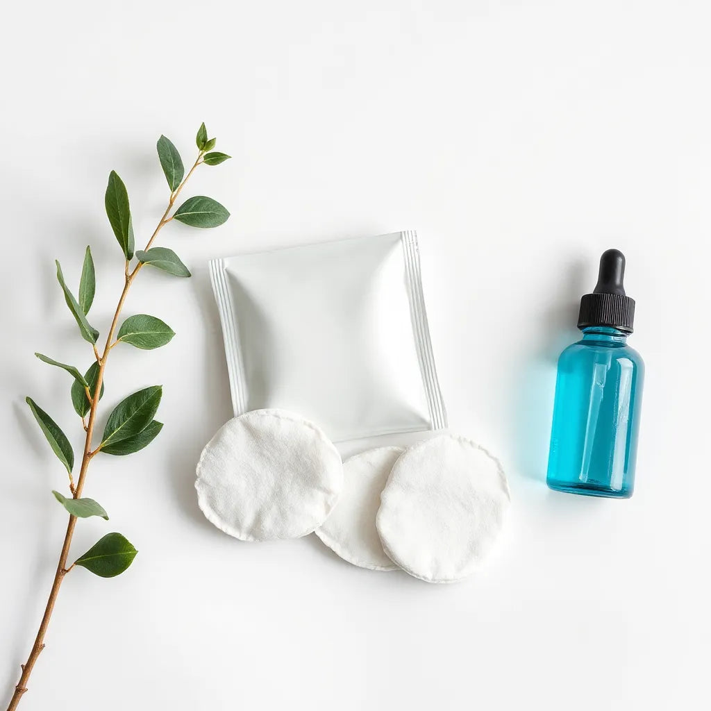Skincare pads and toner set neatly arranged on a clean neutral surface for a pore-care routine