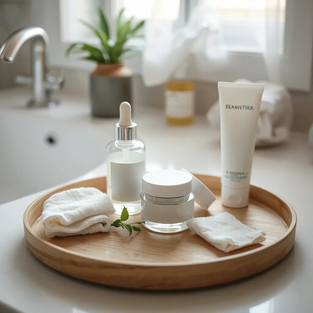 Skincare products arranged on a clean vanity with cleanser, serum, moisturizer, and sunscreen in soft light