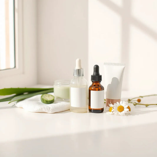 Gentle serum and moisturizer with aloe and chamomile on a clean, light background