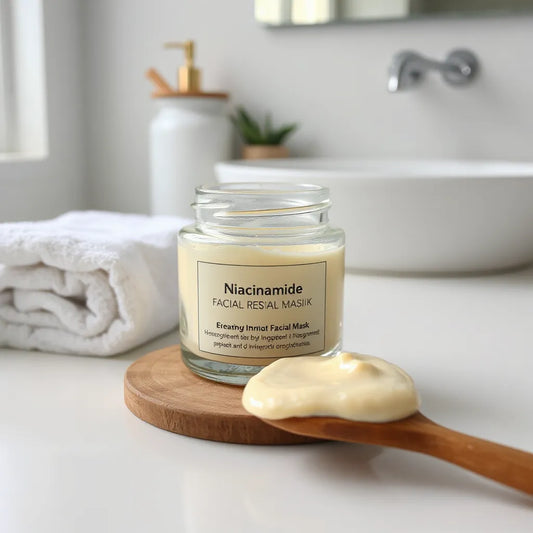 Niacinamide facial mask jar with creamy mask texture on a wooden spatula in soft natural light