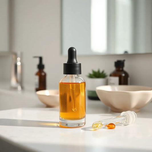 Glass dropper bottle with amber serum drops on a clean vanity in soft daylight