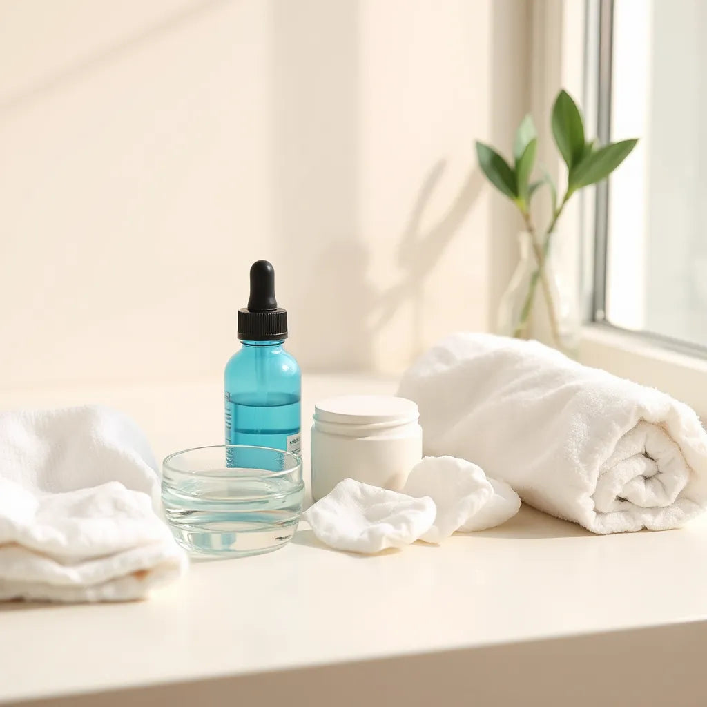 Minimal vanity scene with Korean skincare products, cotton pads, and morning light for a calm routine