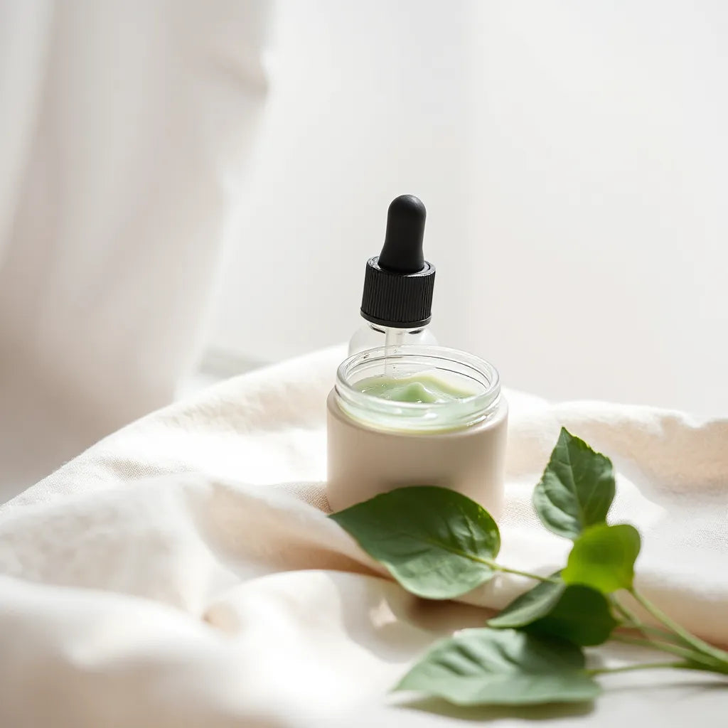 Light green centella gel skincare jar and dropper bottle with fresh centella leaves on a neutral cloth