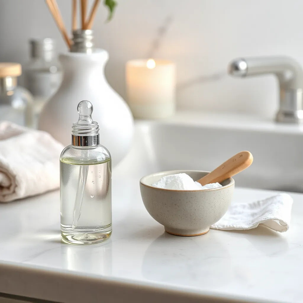 Dropper serum and gel skincare items arranged on a clean vanity for smoother skin texture