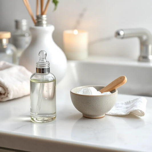 Dropper serum and gel skincare items arranged on a clean vanity for smoother skin texture
